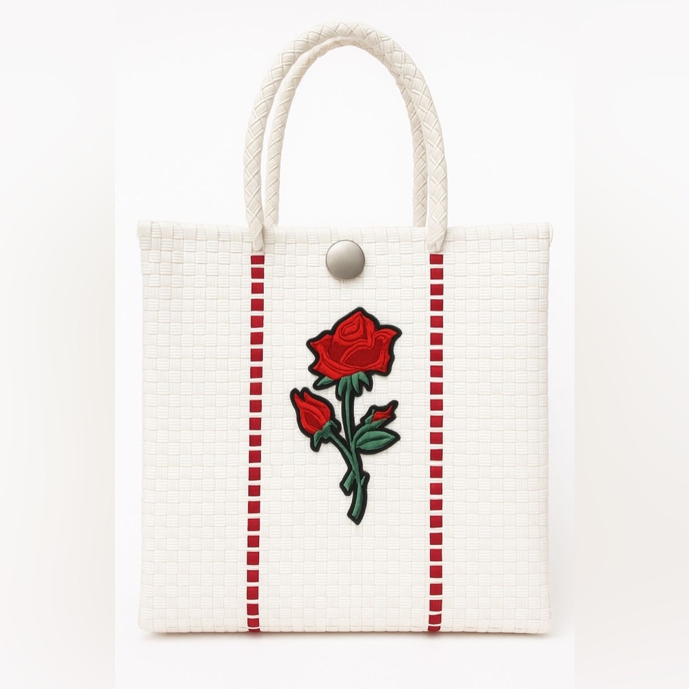 Handwoven Mexican Tote Bag with Red Rose Embroidery –White Plastic Handmade